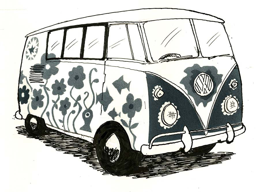 St Trinian's : The Legend of Fritton's Gold . animation drawing of VW hippy campervan.